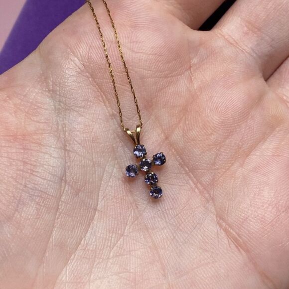 💛 Classic 10k Yellow Gold Lolite Cross Necklace - Picture 8 of 10